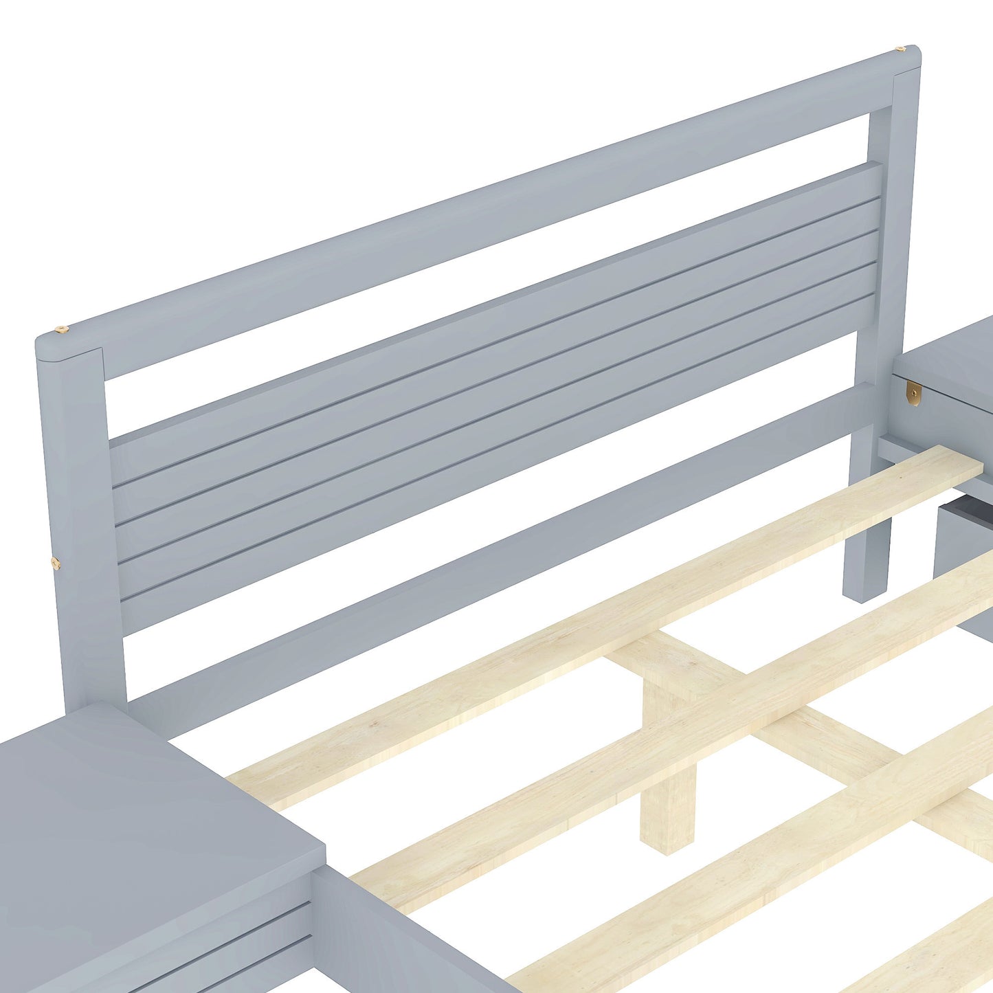 Lit plateforme en bois pleine grandeur avec 2 tiroirs de rangement et 2 tables de chevet, gris