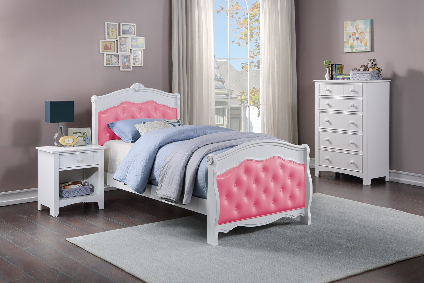 Lit pleine grandeur blanc, meubles de chambre à coucher pour jeunes, tête de lit en Faux cuir rose, pied de lit en contreplaqué, 1 pièce, cadre de lit