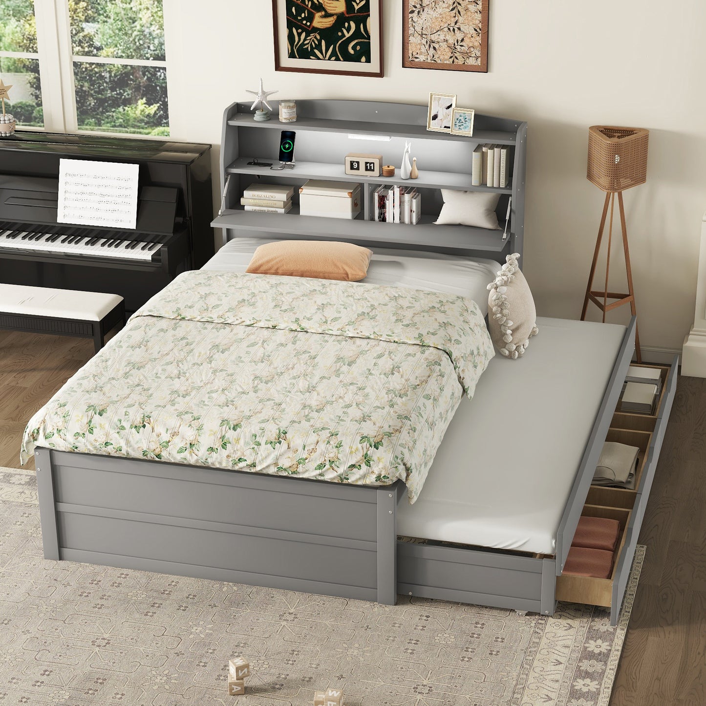 Full Size Wooden LED Platform Bed with Trundle, with Storage Headboard, with Drawers, Gray