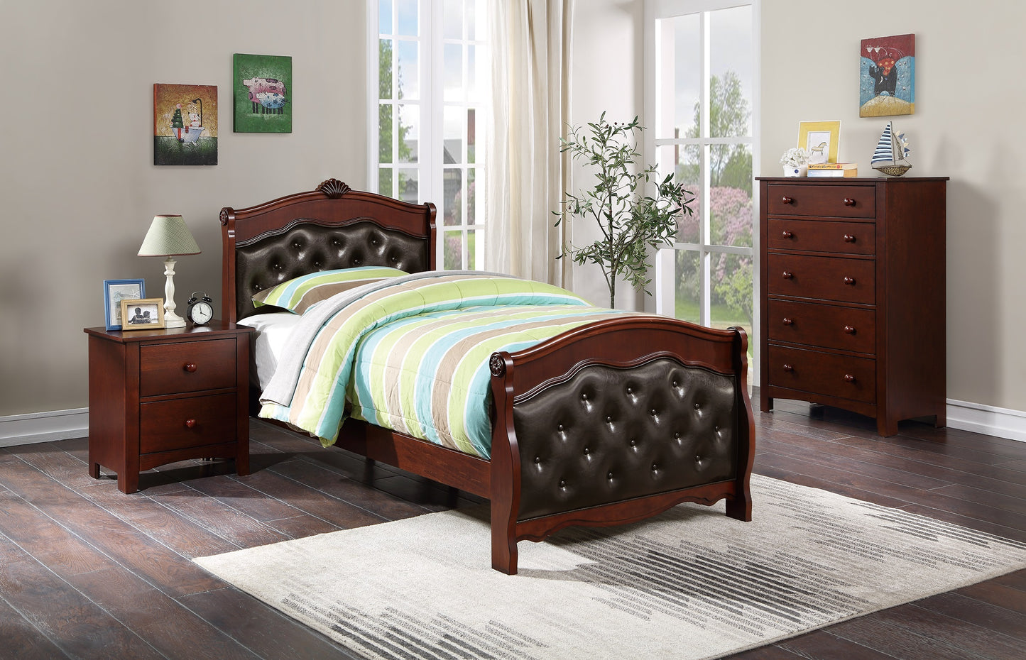 Dark Cherry Full Size Bed Youth Bedroom Furniture Espresso Faux Leather Headboard Footboard Plywood