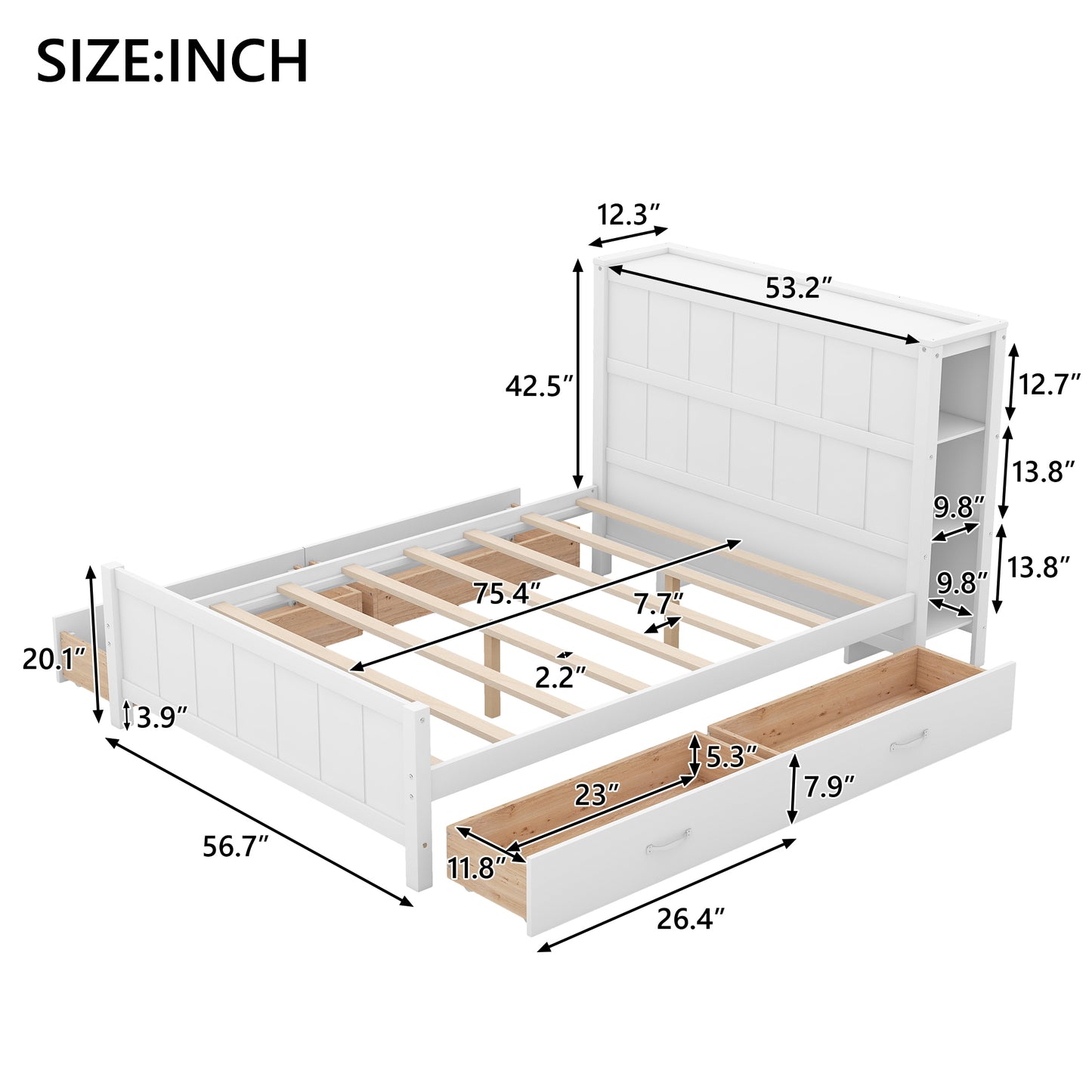 Full Size Platform Bed with Drawers and Storage Shelves, White