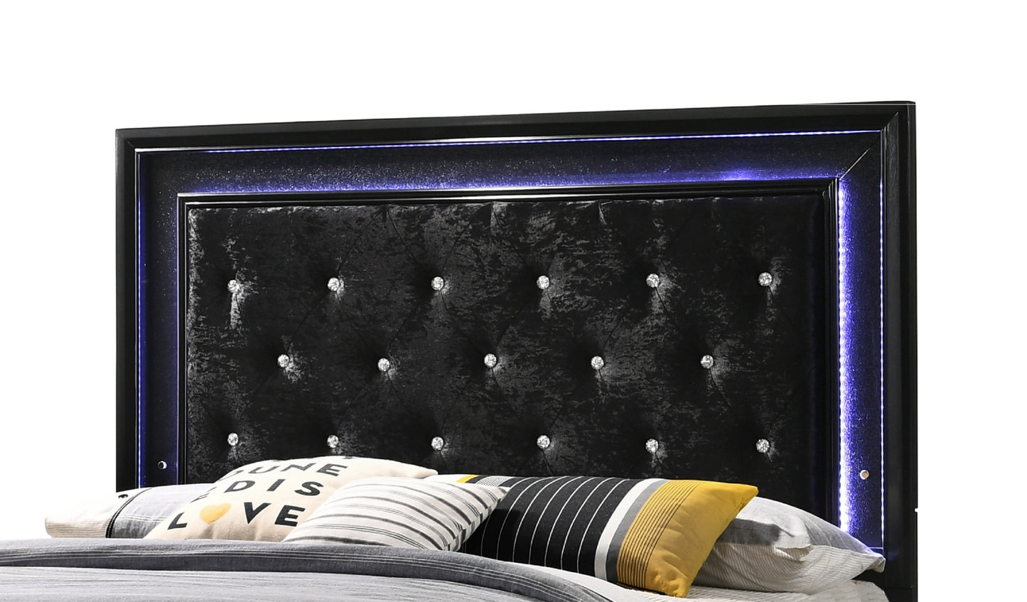 Modern Black Finish Upholstered 1pc Full Size LED Panel Bed Faux Diamond Tufted Bedroom Furniture