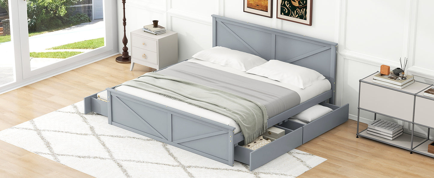 King Size Wooden Platform Bed with Four Storage Drawers and Support Legs, Gray