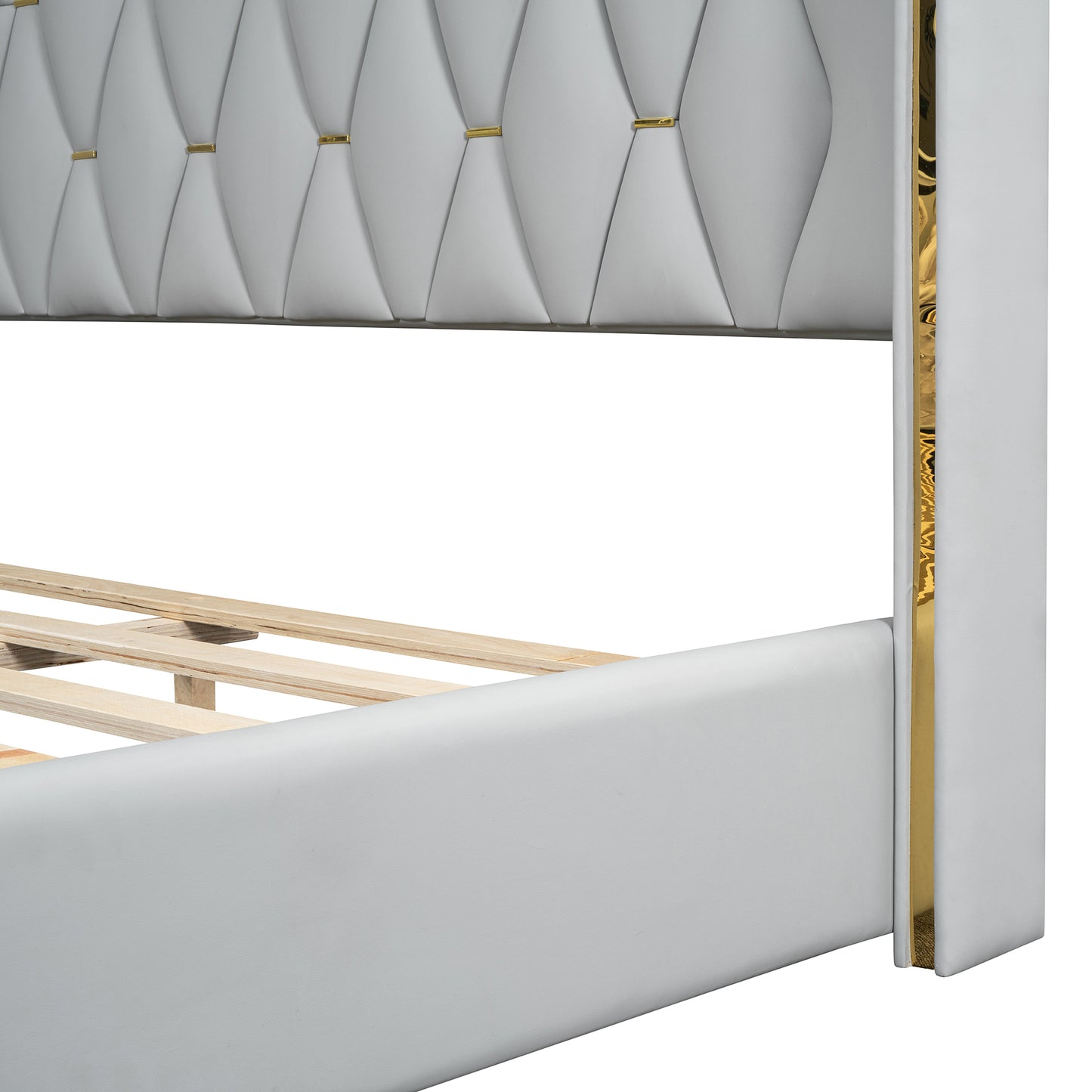 Queen Size Upholstered Platform Bed with Metal Strips, Off-white