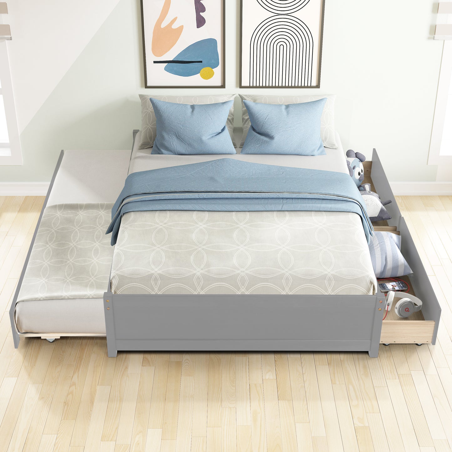 FULL BED WITH TWIN SIZE TRUNDLE AND TWO DRAWERS FOR GREY COLOR