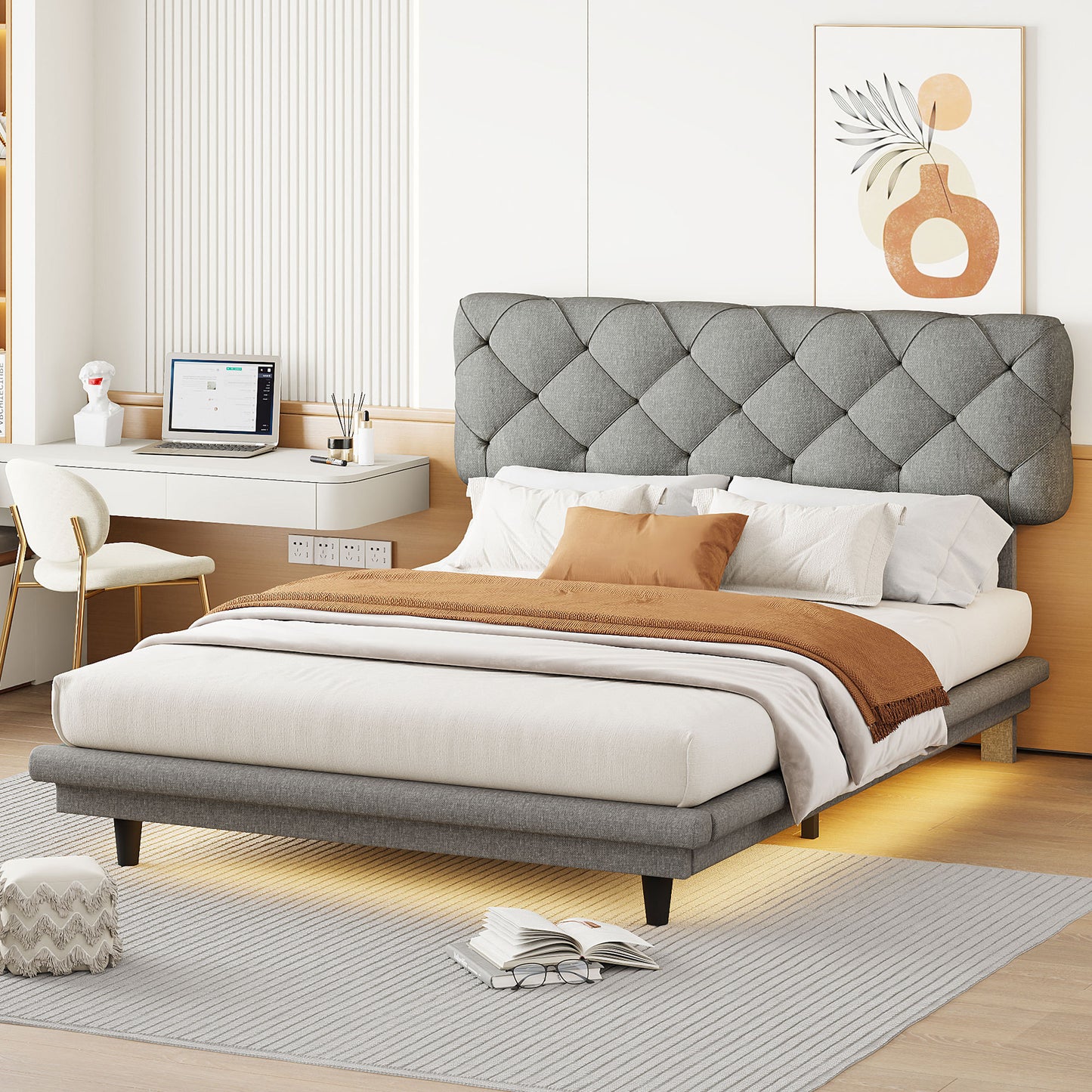 Full Size Upholstered Bed with Light Stripe, Floating Platform Bed, Linen Fabric,Gray