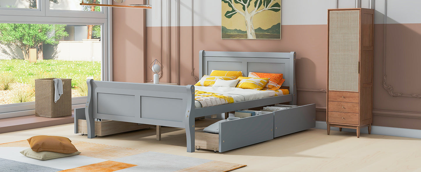 Full Size Wood Platform Bed with 4 Drawers and Streamlined Headboard & Footboard, Gray