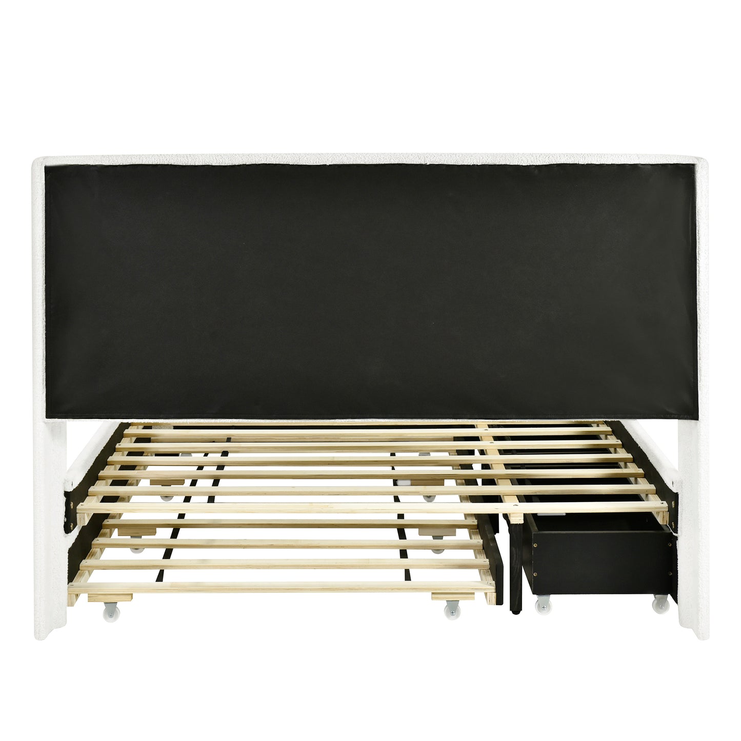 Full Size Upholstered Platform Bed with LED Frame, with Twin  Size Trundle and 2 drawers, Teddy Fleece, White