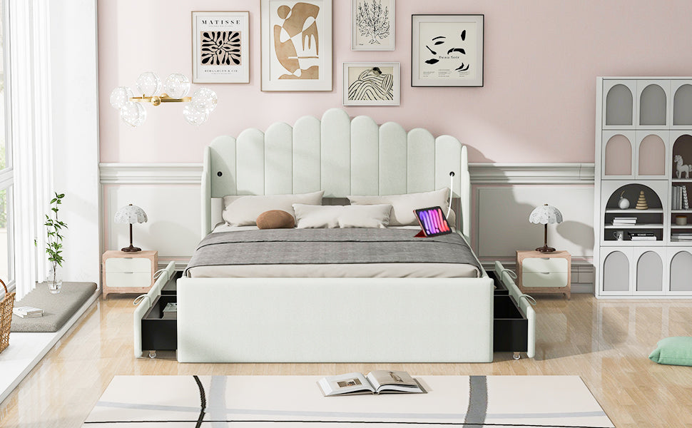 Full Size Upholstered Platform Bed with 4 Drawers and 2 USB, Beige