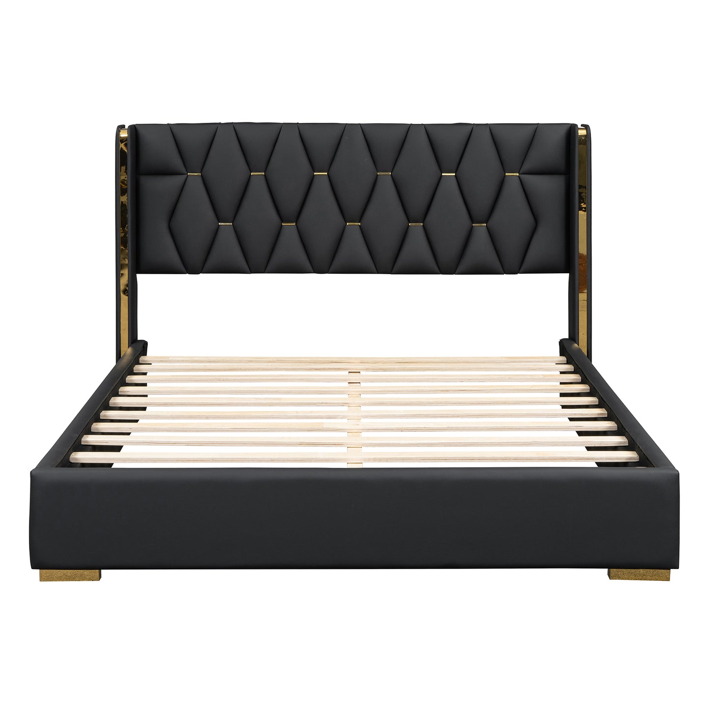 Queen Size Upholstered Platform Bed with Metal Strips, Black