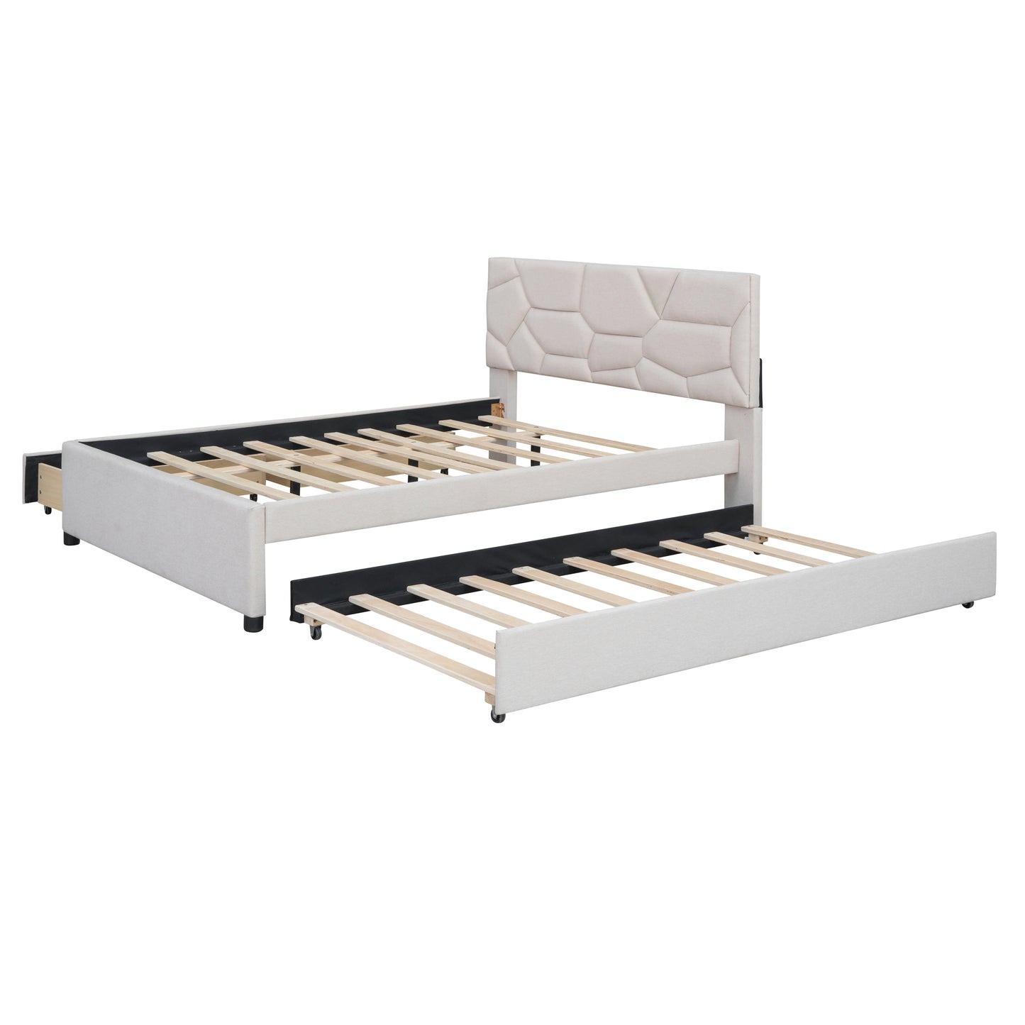 Full Size Upholstered Platform Bed with Brick Pattern Headboard, with Twin Size Trundle and 2 Drawers, Linen Fabric, Beige