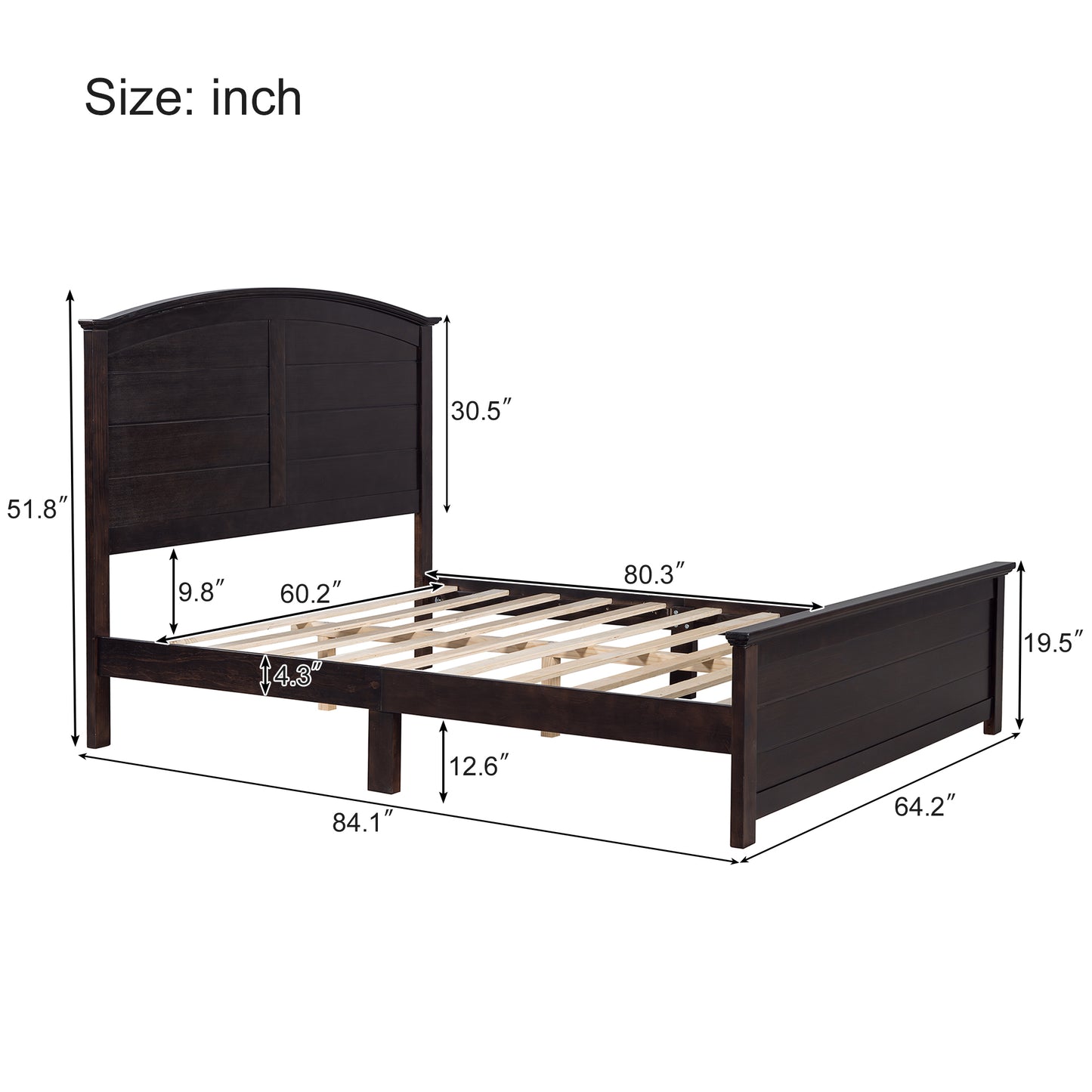 Farmhouse Wooden Platform Queen Size Bed with Curl Design Headboard and Footboard for Teenager, Espresso