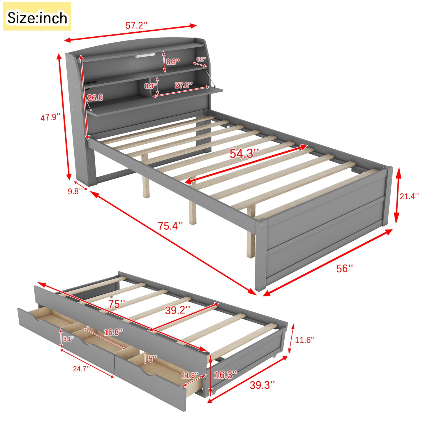 Full Size Wooden LED Platform Bed with Trundle, with Storage Headboard, with Drawers, Gray