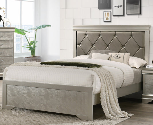 Modern 1pc Beige Champagne Finish Full Size Panel Bed Wooden Crocodile Texture PU Upholstered Headboard Crystal-Like Button Tufted Fabric Bedroom Furniture