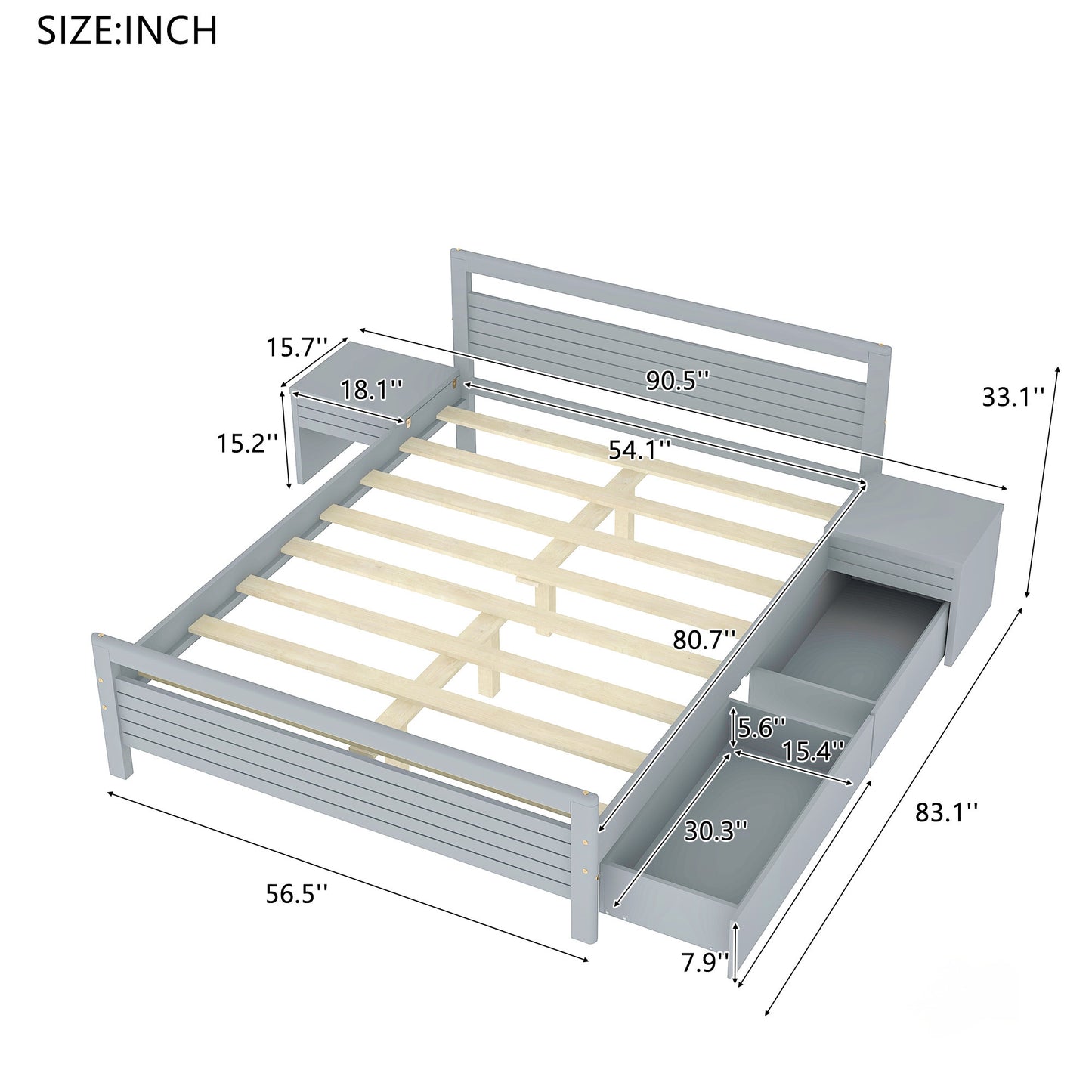 Lit plateforme en bois pleine grandeur avec 2 tiroirs de rangement et 2 tables de chevet, gris