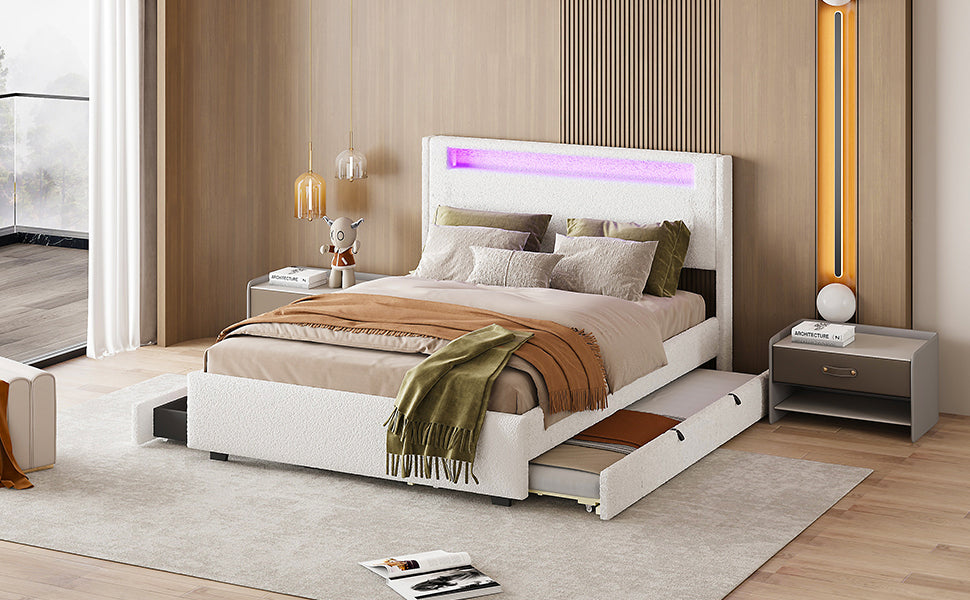 Full Size Upholstered Platform Bed with LED Frame, with Twin  Size Trundle and 2 drawers, Teddy Fleece, White