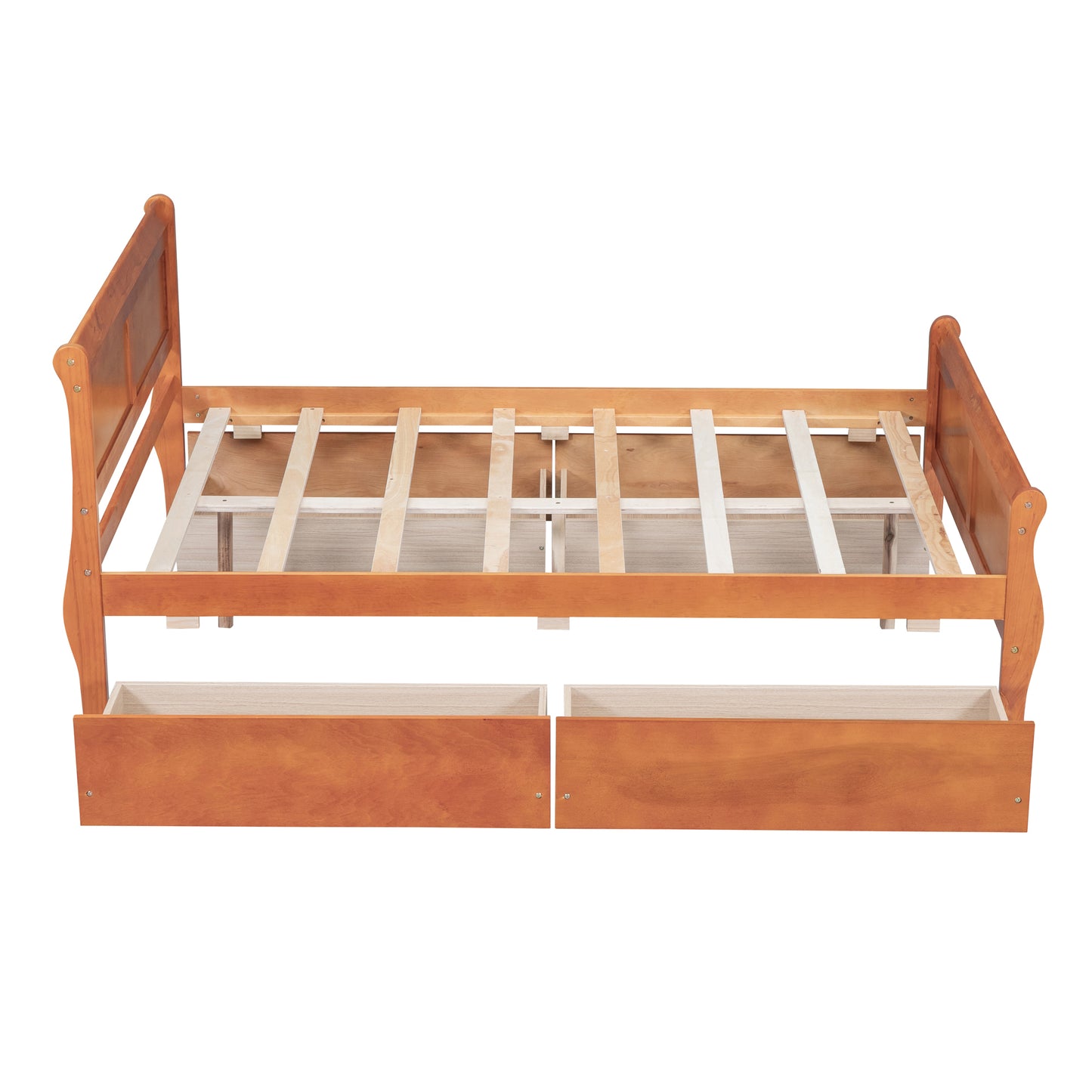 Full Size Wood Platform Bed with 4 Drawers and Streamlined Headboard & Footboard, Oak