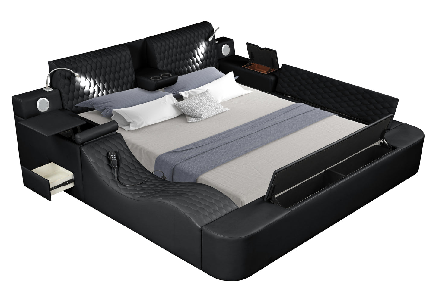 Smart Multifunctional King Size Bed Made with Wood in Black