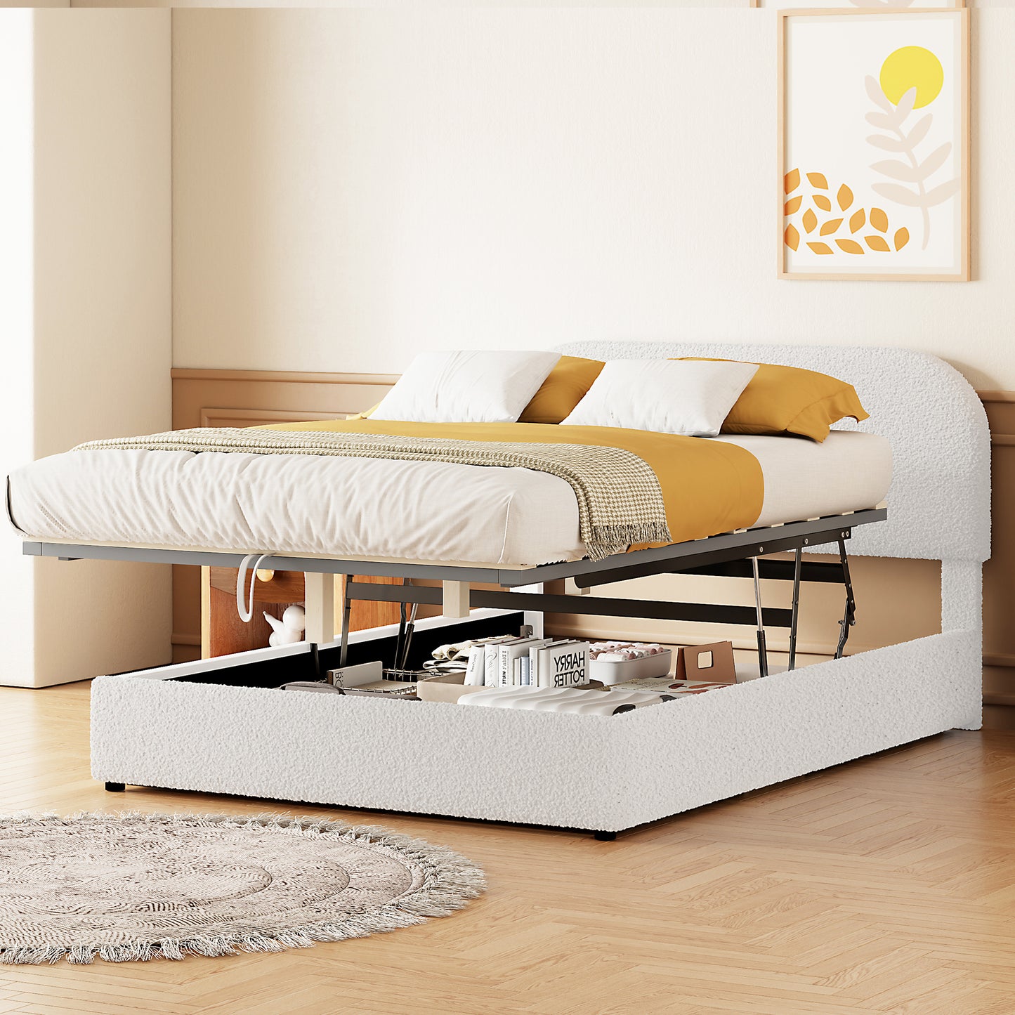 Teddy Fleece Full  Size Upholstered Platform Bed with Hydraulic Storage System, White