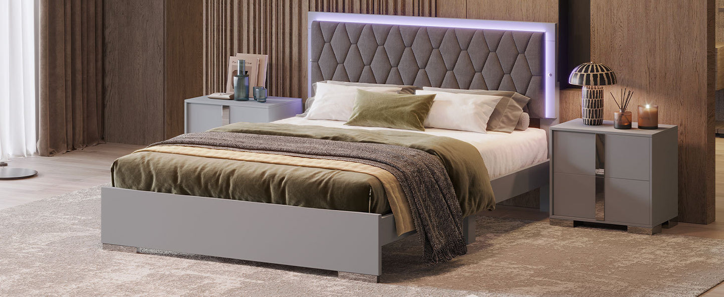 Queen Size Upholstered Bed with LED Lights,Modern Platform Bed with Velvet Headboard,Grey