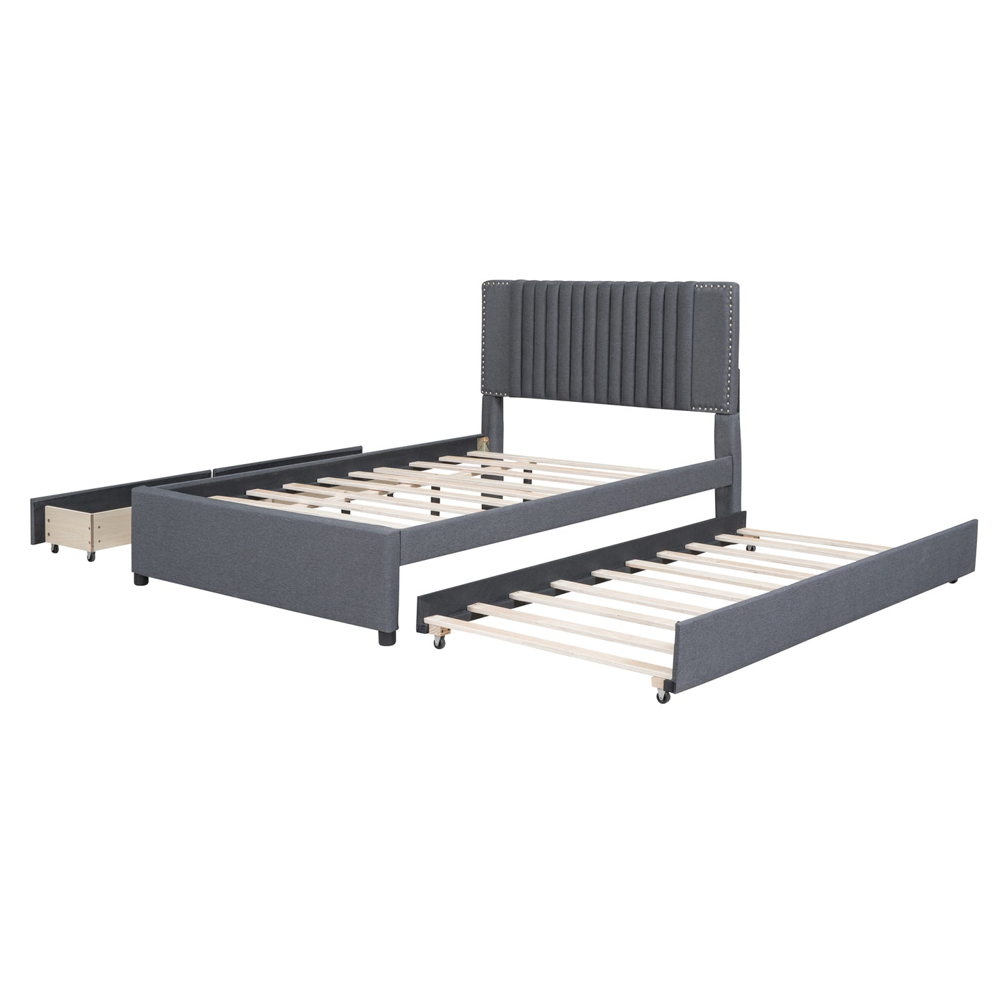 Full Size Upholstered Platform Bed with 2 Drawers and 1 Twin Size Trundle, Classic Headboard Design, Gray