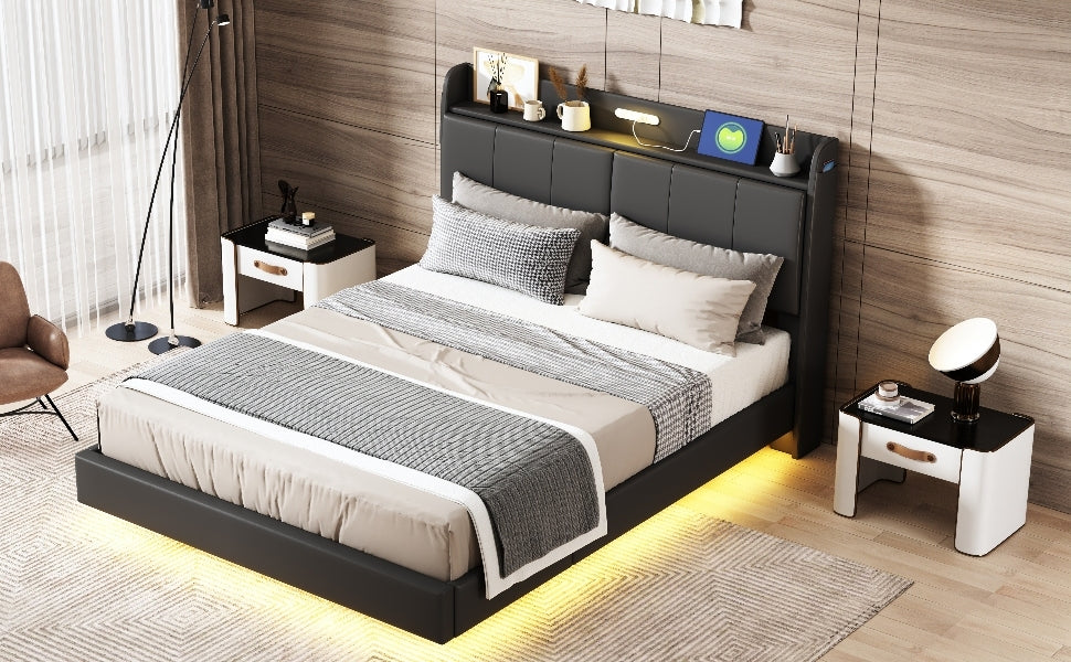 Queen Size Floating Bed Frame with Storage Headboard, Modern Upholstered Platform Bed with Touch Sensor Night Light and USB Charger, Black