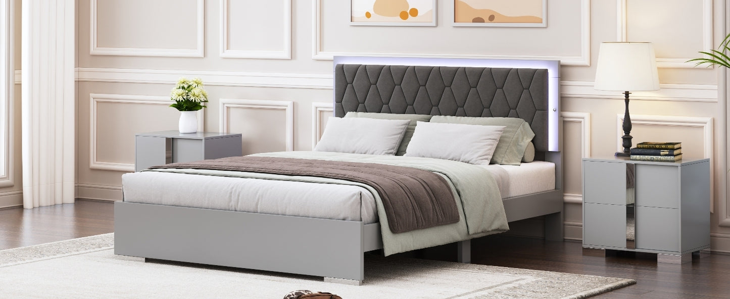 Queen Size Upholstered Bed with LED Lights,Modern Platform Bed with Velvet Headboard,Grey