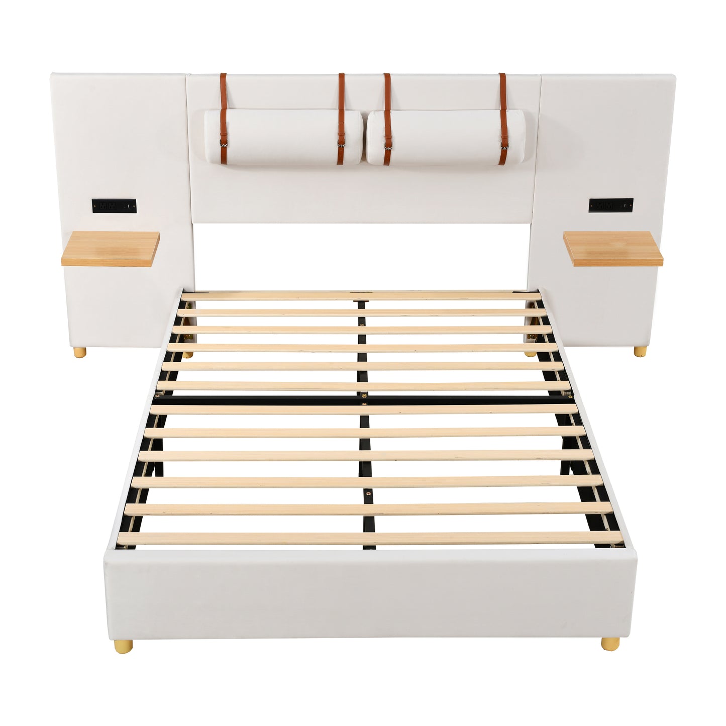 Full Size Upholstered Platform Bed, Two Outlets and USB Charging Ports on Both Sides, Two Bedside Pillows, Storage Shelves,Velvet,Beige