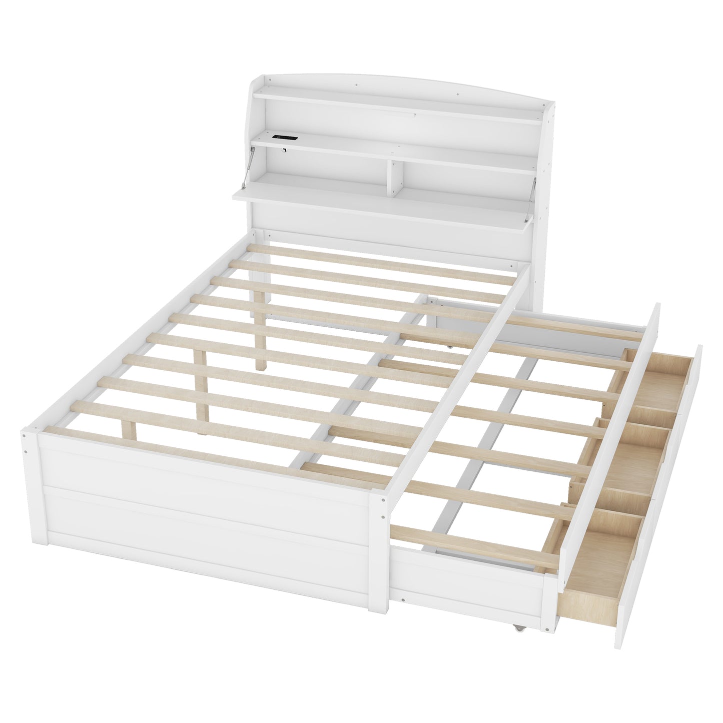 Full Size Wooden LED Platform Bed with Trundle, with Storage Headboard, with Drawers, White