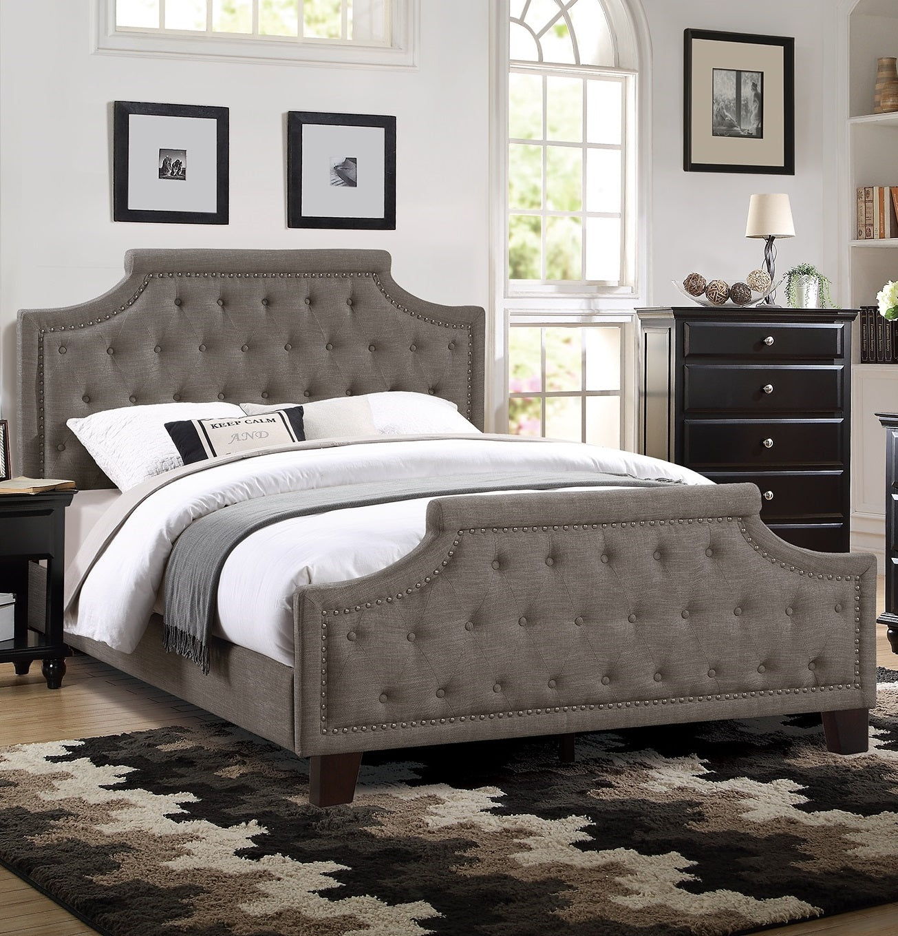 Modern Style Brown Polyfiber American Traditional 1pcs Full Size Bed Only Button Tufted Headboard Footboard Bedroom Furniture