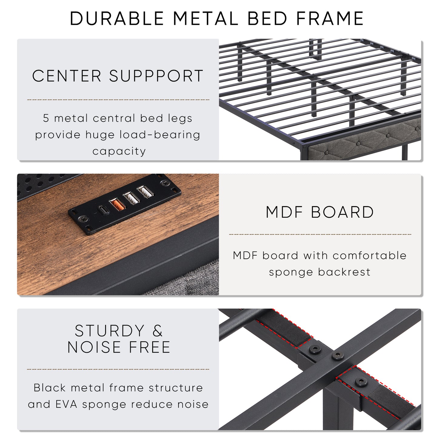 Cadre de lit complet avec tête de lit de rangement, station de charge et lumières LED, lit plateforme rembourré avec lattes en métal lourd, pas besoin de sommier, sans bruit, assemblage facile, gris foncé