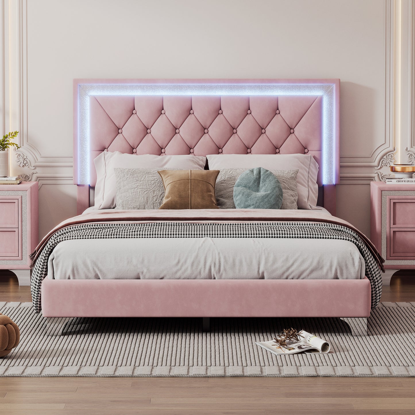 Full Size Upholstered Bed Frame with LED Lights,Modern Velvet Platform Bed with Tufted Headboard,Pink