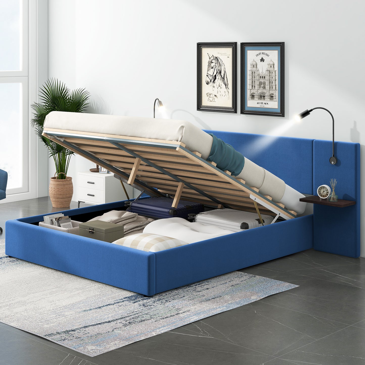 Full Size Storage Upholstered Hydraulic Platform Bed with 2 Shelves, 2 Lights and USB, Blue