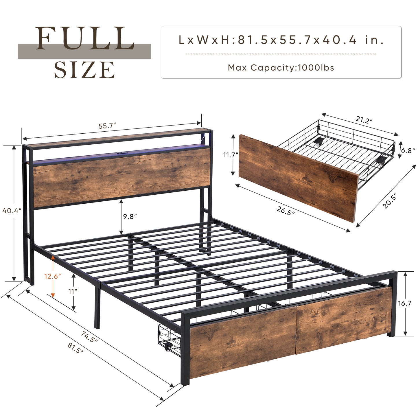 Full Size Bed Frame with Storage Headboard and 2 Drawers, LED Lights Bed with Charging Station, Metal Platform Bed No Noise, Mattress Foundation Strong Metal Slats Support No Box Spring Needed