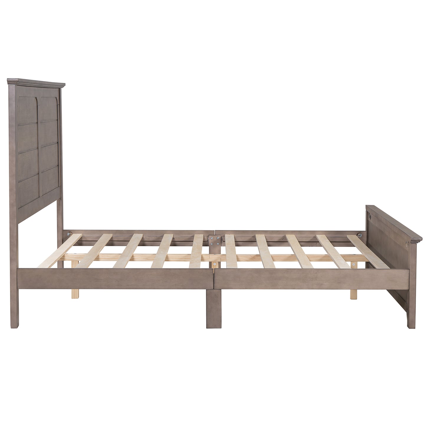 Farmhouse Wooden Platform Queen Size Bed with Panel Design Headboard and Footboard for Teenager, Ash Brown