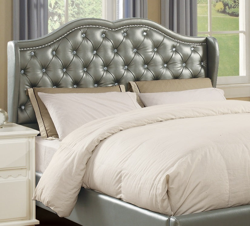 Full Size Bed 1pc Bed Set Silver Faux Leather Upholstered Wingback Design Bed Frame Headboard Bedroom Furniture Tufted Upholstered