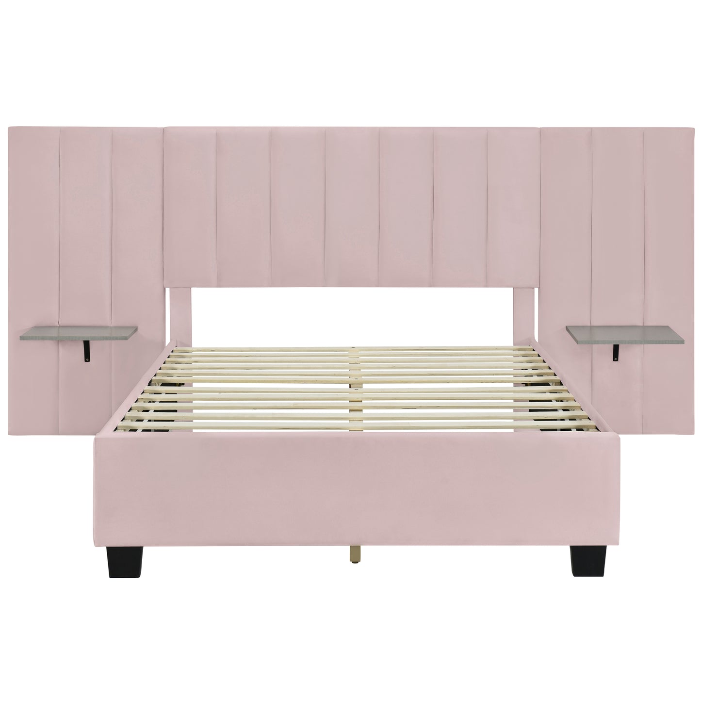 Full Size Upholstered Platform Bed with Big Headboard, Bedroom Furniture, Velvet, Pink