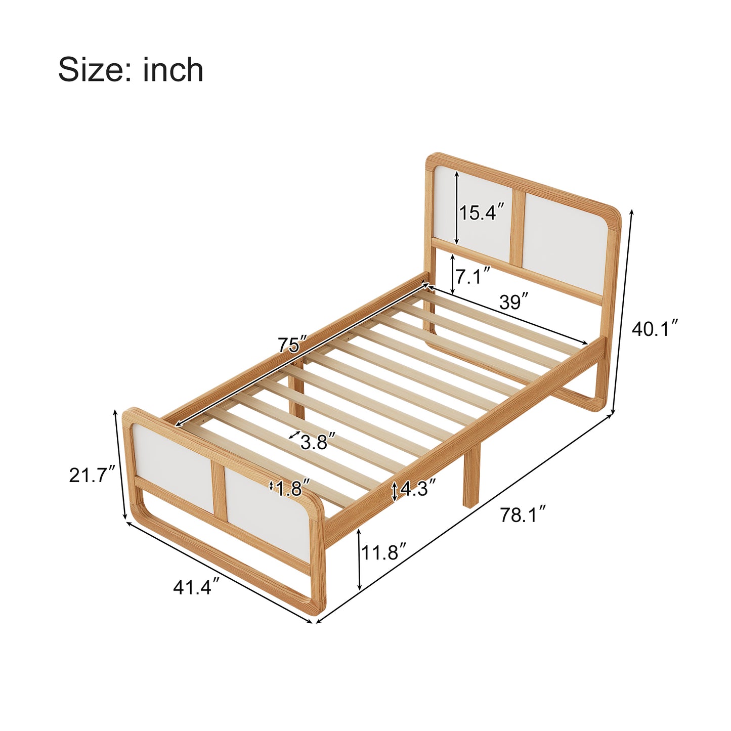 Modern Style Twin Size Solid Wood Platform Bed for  Kids, Teens, Adults, No Need Box Spring, Walnut and White