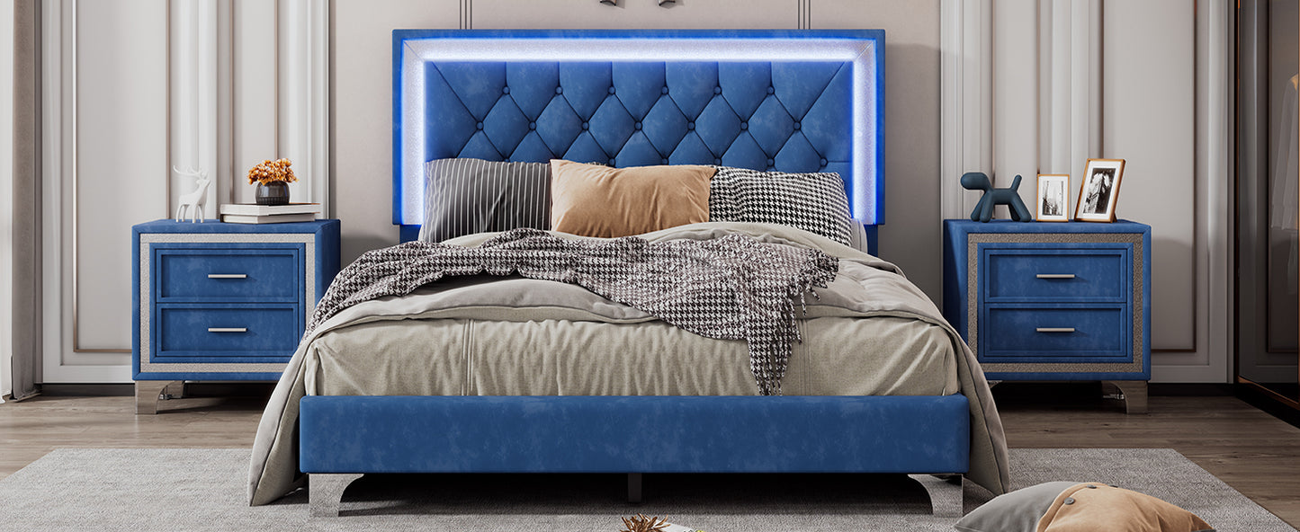 Cadre de lit rembourré pleine grandeur avec lumières LED, lit plateforme moderne en velours avec tête de lit capitonnée, bleu