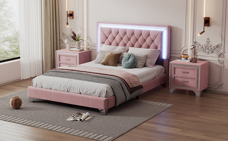 Full Size Upholstered Bed Frame with LED Lights,Modern Velvet Platform Bed with Tufted Headboard,Pink