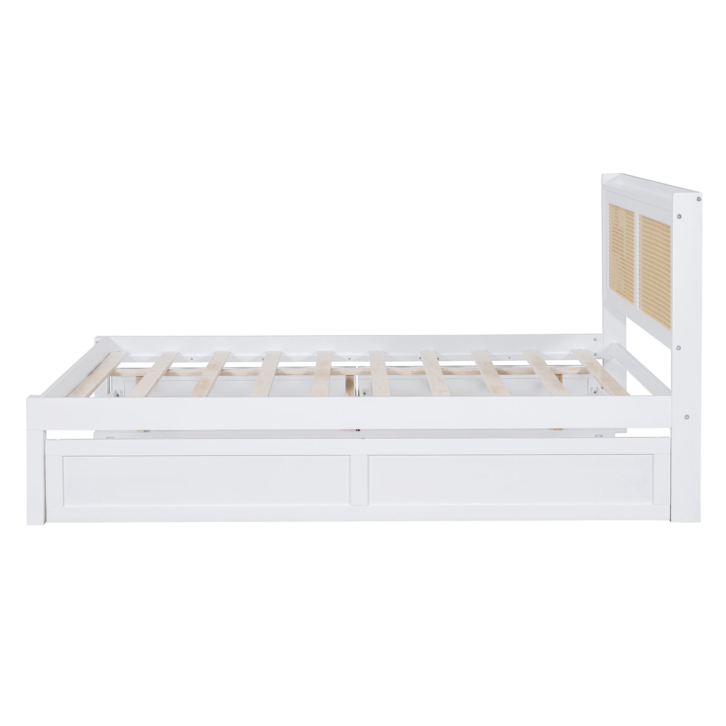 Full Size Elegant Bed Frame with Rattan Headboard and Sockets ,White