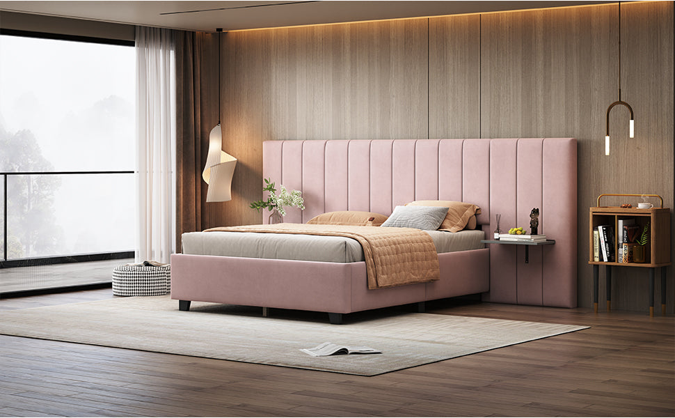 Full Size Upholstered Platform Bed with Big Headboard, Bedroom Furniture, Velvet, Pink