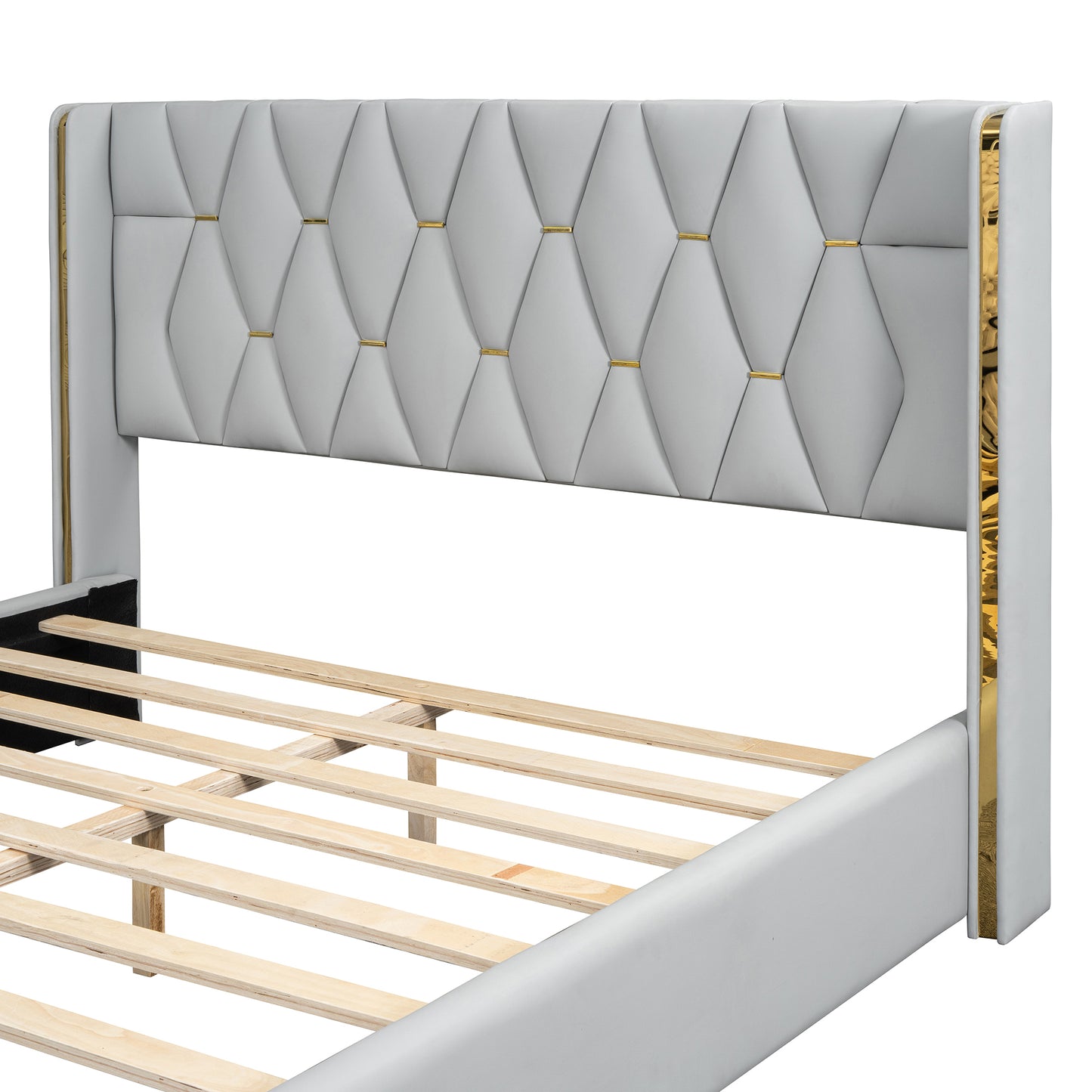 Full Size Upholstered Platform Bed with Metal Strips, Off-white