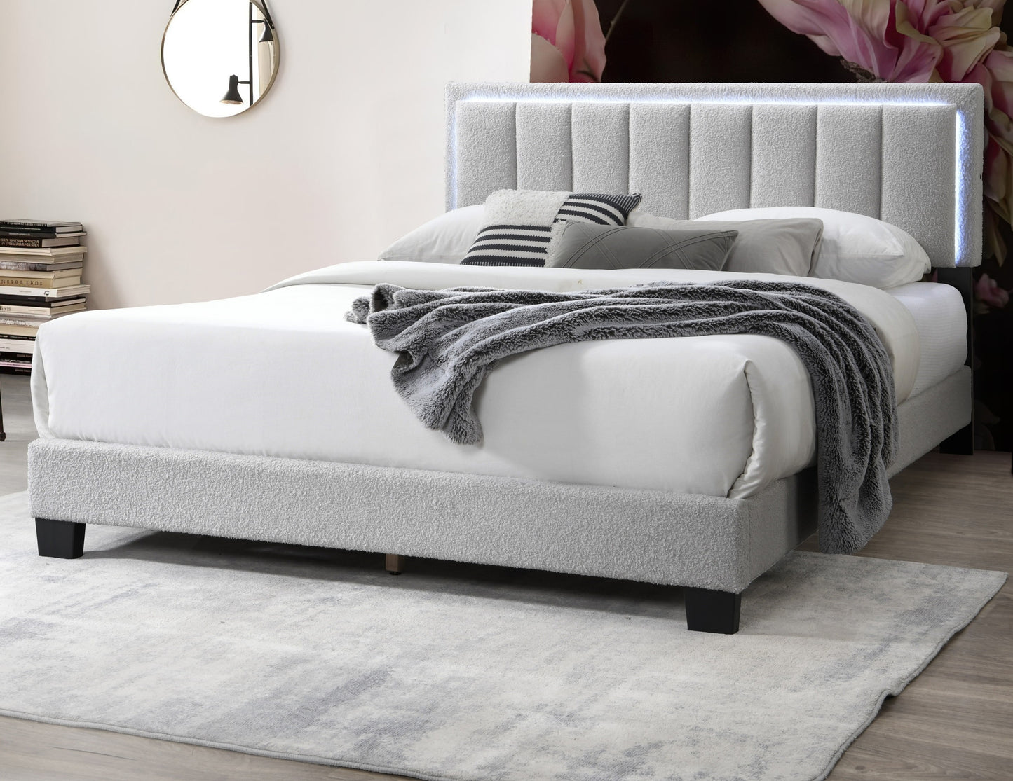 Light Gray Wool Fabric 1pc Queen Size Bed Channel Tufting w LED Full Upholstered Bedframe Bedroom Bed