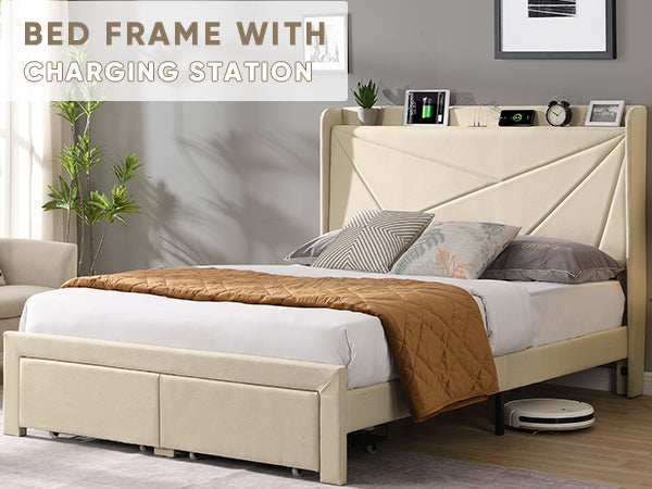 Full Size Bed Frame with 2 Storage Drawers, Upholstered Bed Frame with Wingback Headboard Storage Shelf Built-in USB Charging Stations and Strong Wood Slats Support, No Box Spring Needed, Beige