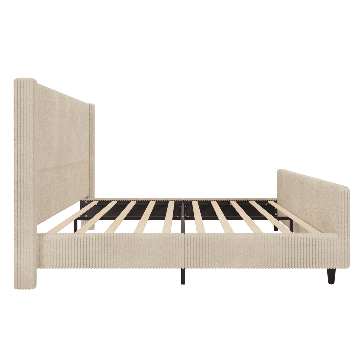 50.7'' High Headboard Corduroy Upholstered Bed Frame with Vertical Stripe Wingback and High Footboard No Box Spring Needed, King Size, Cream