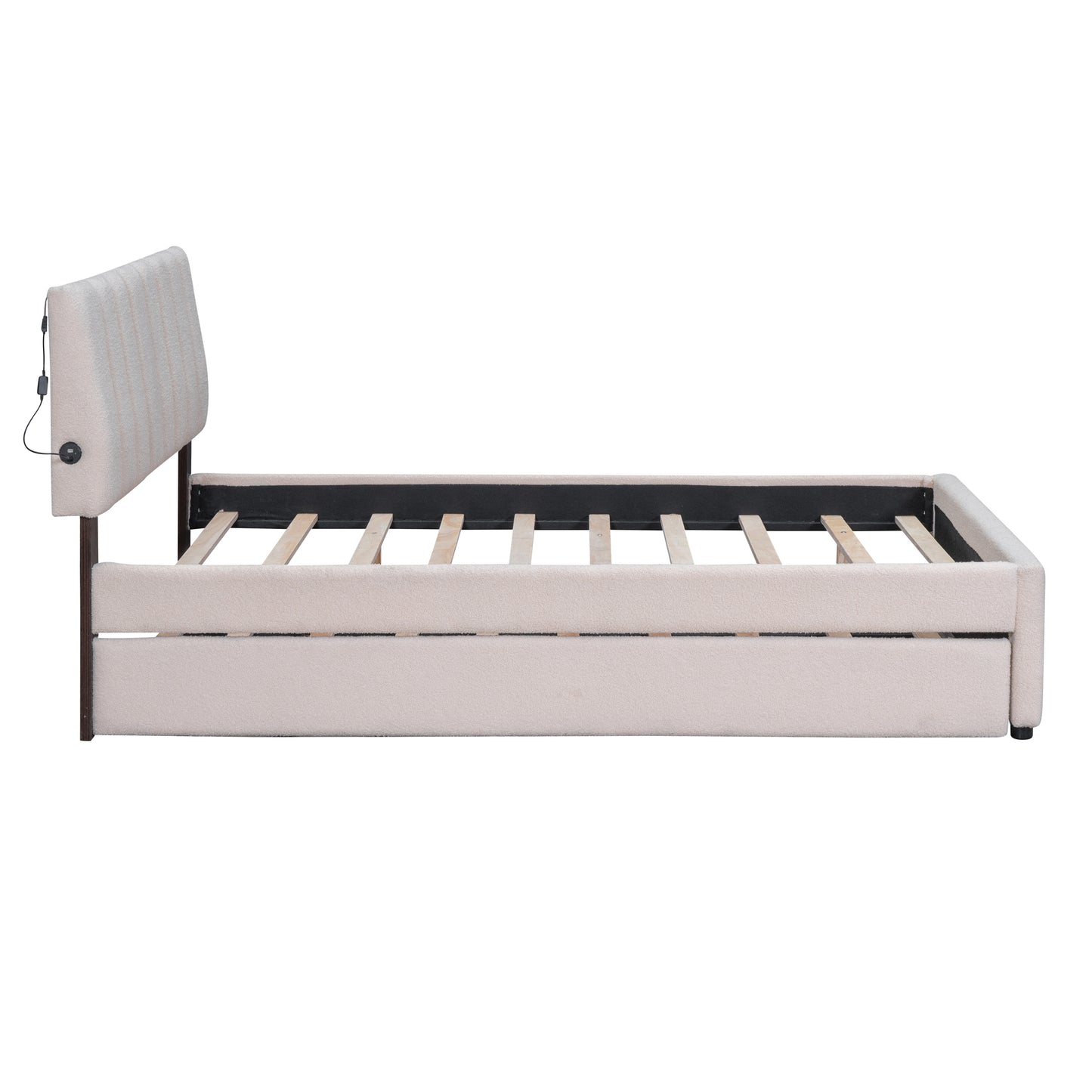 Lit plateforme rembourré en polaire pleine grandeur avec lit gigogne, beige