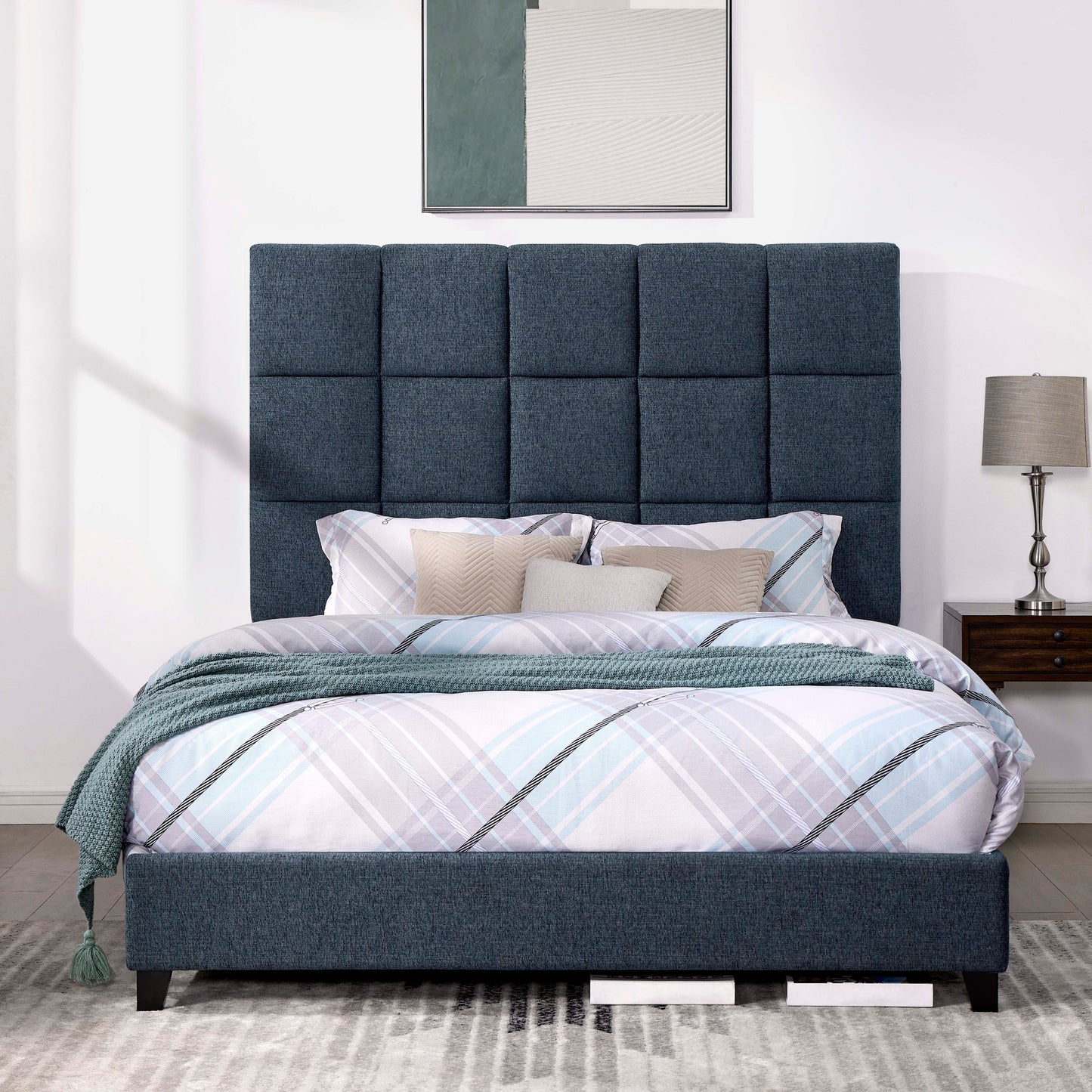 Bridgevine Home Queen Size Navy Blue Denim Squares Upholstered Platform Bed