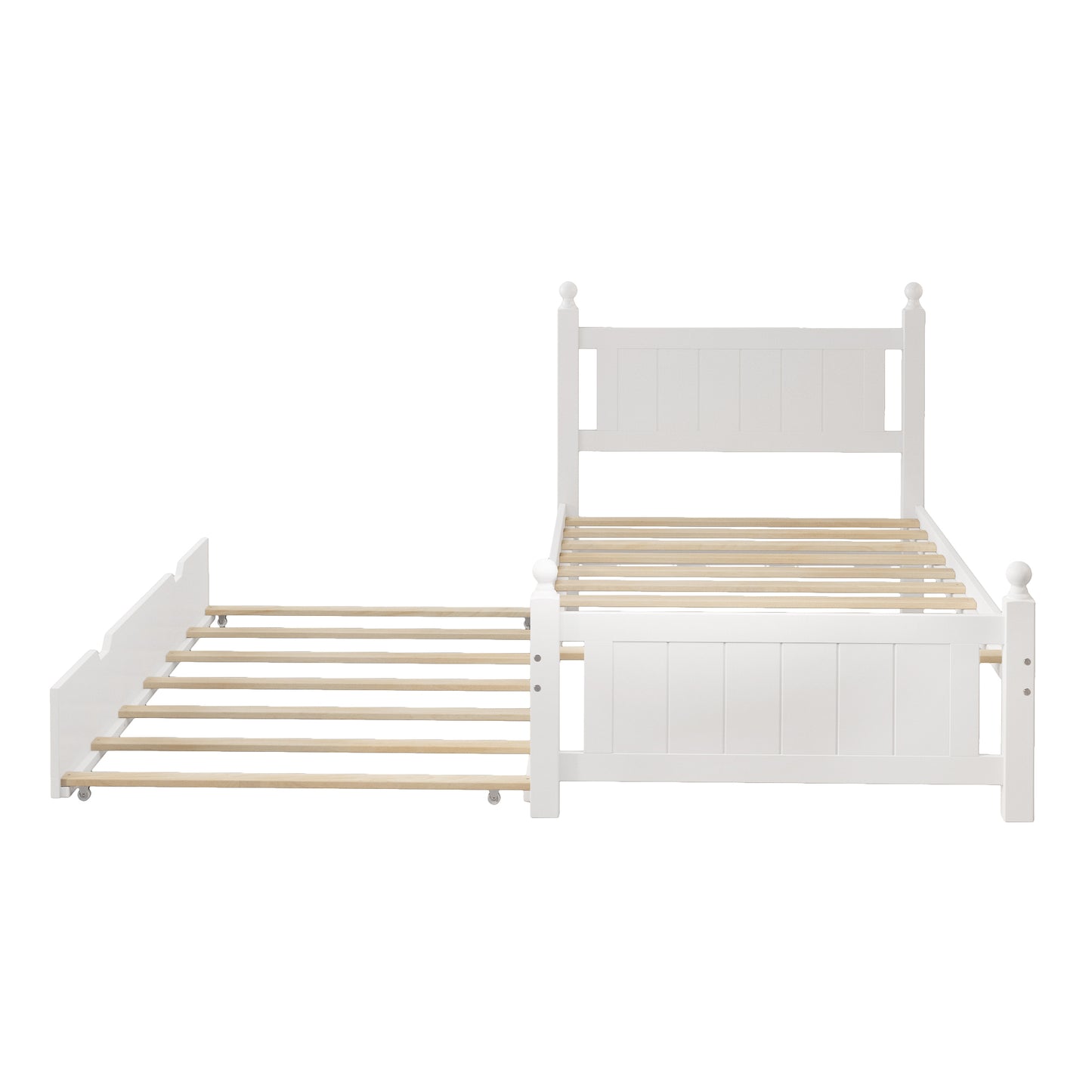 Twin Size Solid Wood Platform Bed Frame with trundle for Limited Space Kids, Teens, Adults, No Need Box Spring, White