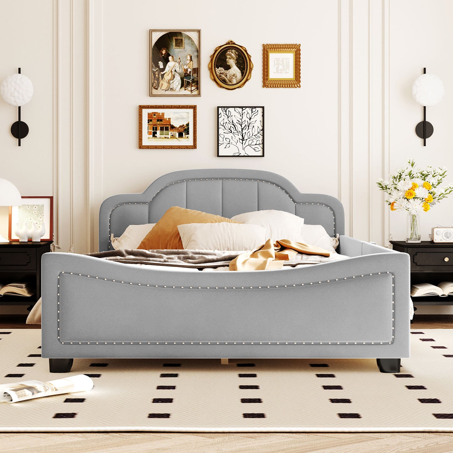 Sofá cama tapizado de tamaño completo con cabecera en forma de nube, elegante diseño de clavos de cobre integrados, gris